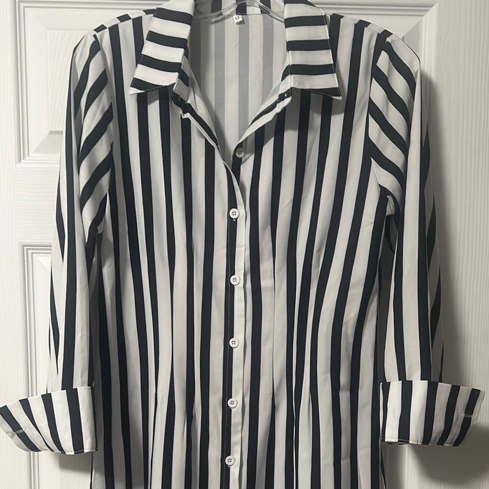 Black and White Striped Button-Up Shirt Dress